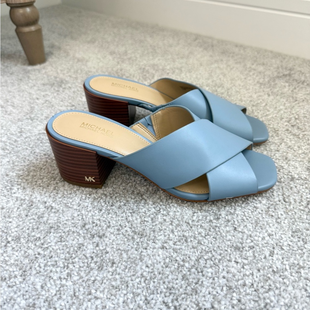 Michael Kors Blue Mules with Brown Heel